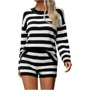 NEW MISS SPARKLING long sleeve striped knit set in black/white